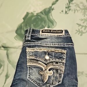 Rock Revival Women's Dark Blue Jeans with White Stitching
